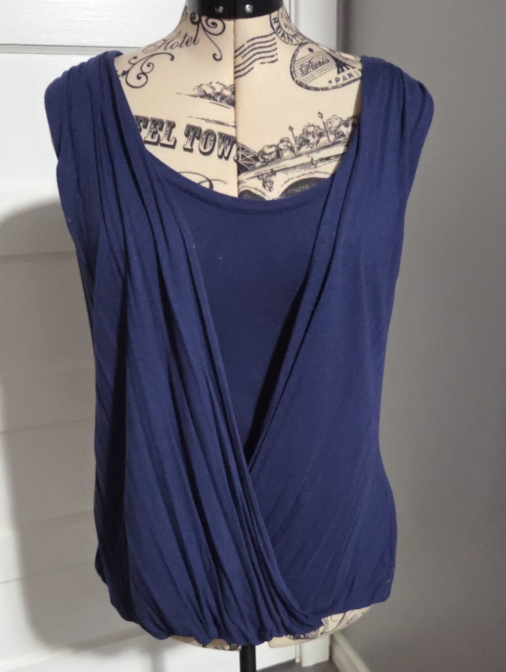 Women's Navy Sleeveless Draped Surplice Top